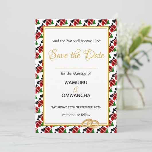 KENIA Christelijke aangepaste bruiloft Save The Date (Staand voorkant)