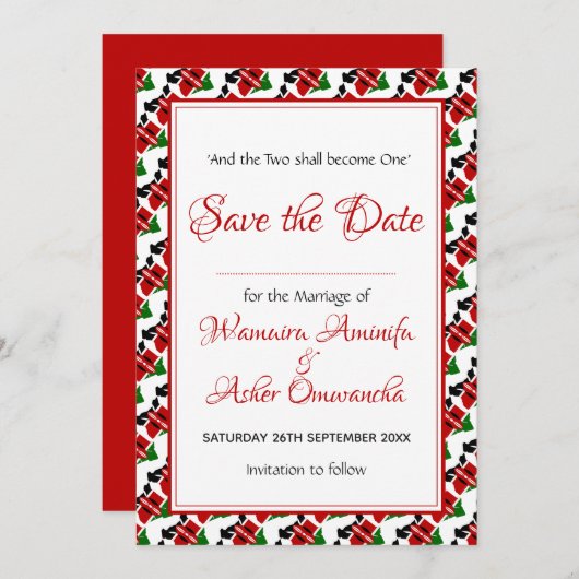 KENIA Wedding Christelijke Custom Celebration RED Save The Date (Voorkant / Achterkant)