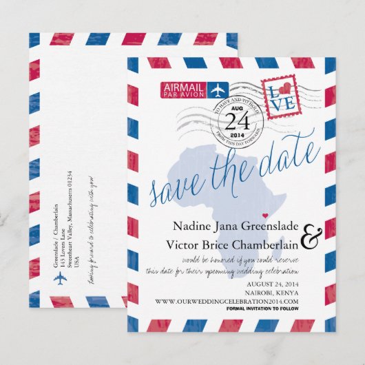 KENIA Zuid-Afrika Airmail Wedding Save the Date Aankondigingskaart (Voorkant / Achterkant)