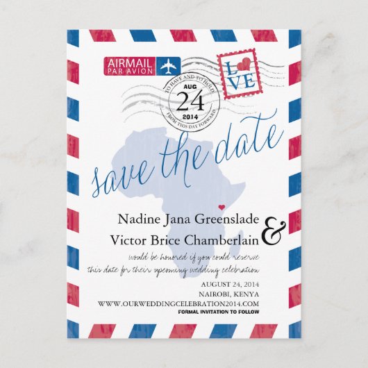 KENIA Zuid-Afrika Airmail Wedding Save the Date Aankondigingskaart (Voorkant)