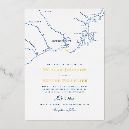 Kennebunkport Maine Bruiloft Elegante Marine en Go Folie Uitnodiging (Voorkant)
