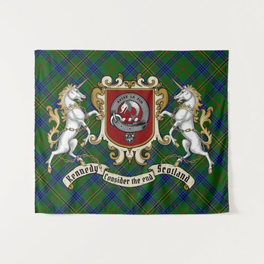 Kennedy Clan Badge & Unicorns met Tartan Wandkleed (Voorkant (horizontaal))
