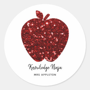 Kennis Ninja Faux Glitter Red Apple Teacher Ronde Sticker
