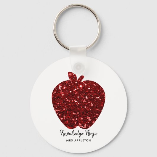 Kennis Ninja Faux Glitter Red Apple Teacher Sleutelhanger (Achterkant)