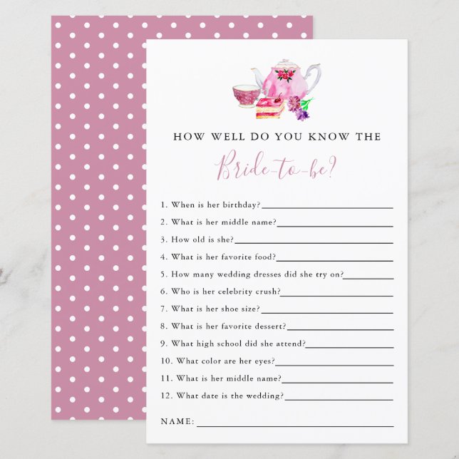 kent de bride Vrijgezellenfeest Game Tea Party (Voorkant / Achterkant)