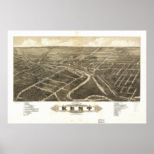 Kent Ohio 1882 Antiek Panorama Kaart Poster (Voorkant)