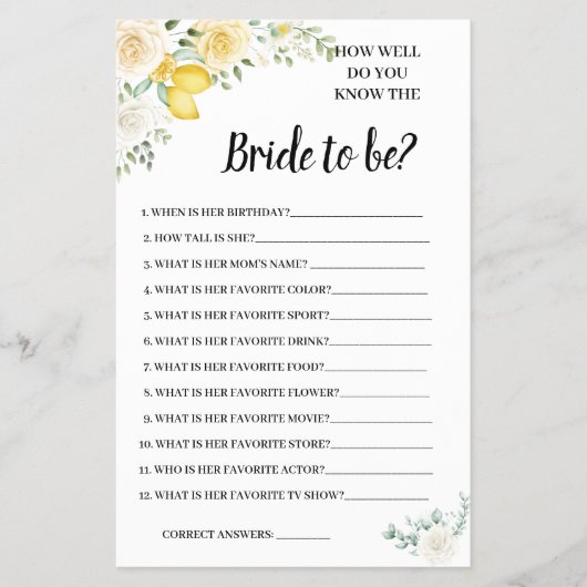 Kent u de Kaart Bride Lemon & Rozen Shower Game (Voorkant)