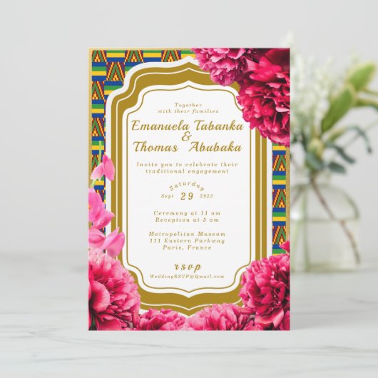 Kente bruiloft uitnodiging - Blauw en Goud Kente (Staand voorkant)