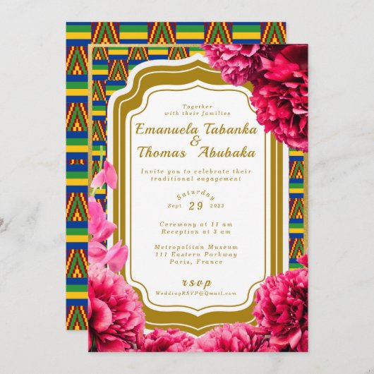 Kente bruiloft uitnodiging - Blauw en Goud Kente (Voorkant / Achterkant)