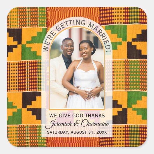 Kente Foto Aangepaste Naam HUWELIJK Vierkante Sticker (Voorkant)