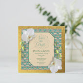 Kente Save the Date Invitation Teal & Gold Kaart (Staand voorkant)