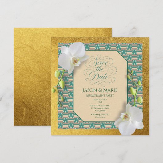 Kente Save the Date Uitnodiging Teal & Goud (Voorkant / Achterkant)