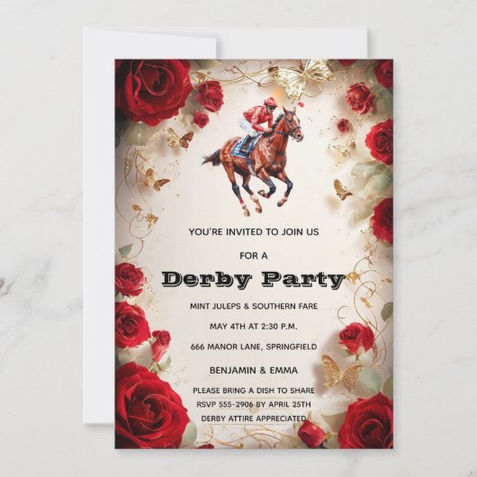 Kentucky Derby Feest Uitnodiging Rode Rozen Paard  (Voorkant)