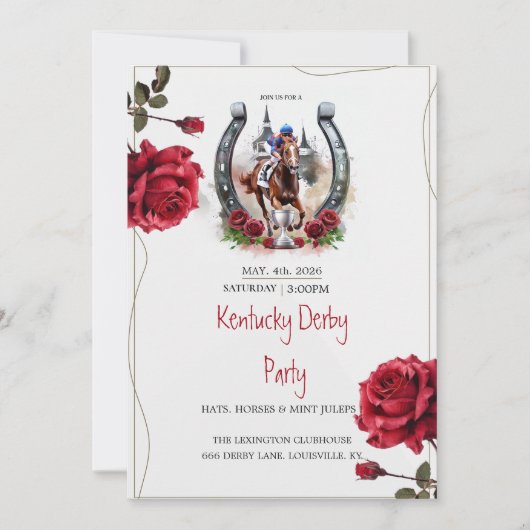 Kentucky Derby Feest Uitnodiging Rozen Hoefijzer H (Voorkant)