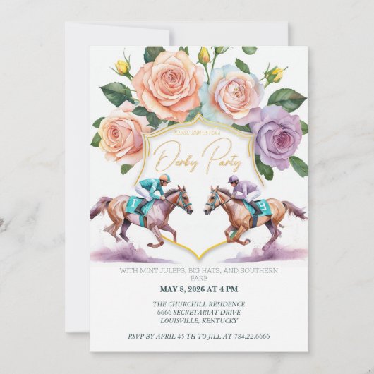 Kentucky Derby Feest Uitnodiging Watercolor Paarde (Voorkant)