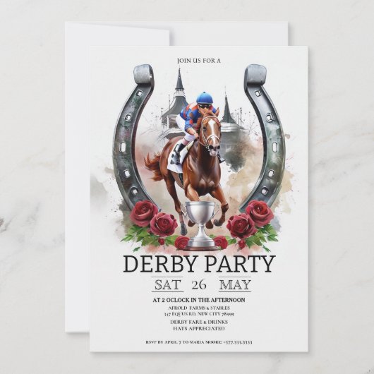 Kentucky Derby Feest Uitnodiging Watercolor Paarde (Voorkant)