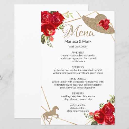 Kentucky Derby Red Roses Wedding Menu (Voorkant / Achterkant)