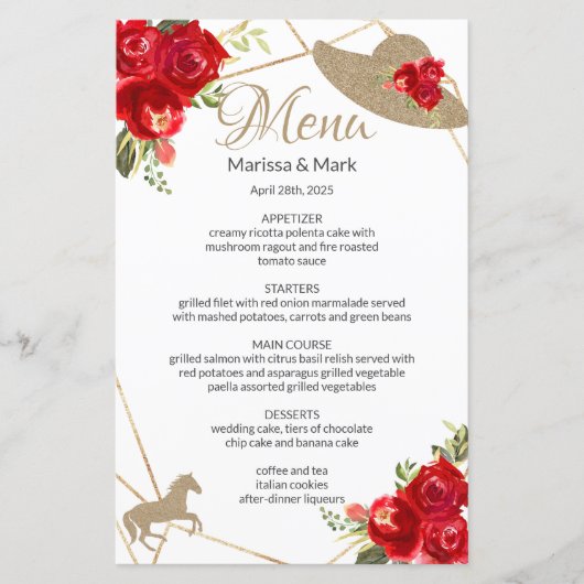Kentucky Derby Red Roses Wedding Menu (Voorkant)
