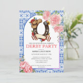 Kentucky Derby Wedding Invitation Floral Blue Kaart (Staand voorkant)