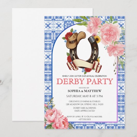 Kentucky Derby Wedding Invitation Floral Blue Kaart (Voorkant / Achterkant)