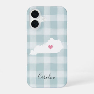 Kentucky State Silhouette op Rustic Mint Plaid iPhone 16 Hoesje