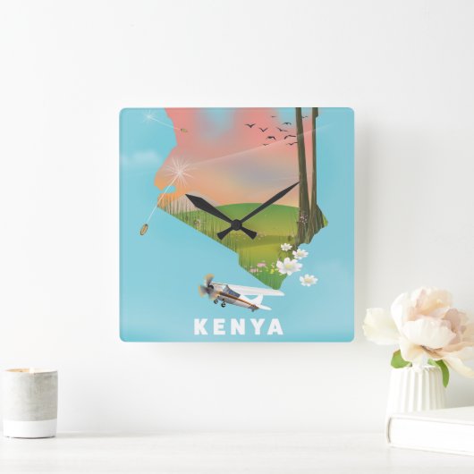 Kenya Map Illustration reisposter. Vierkante Klok (Huis)
