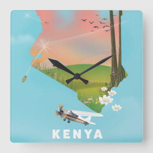 Kenya Map Illustration reisposter. Vierkante Klok