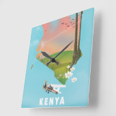 Kenya Map Illustration reisposter. Vierkante Klok (Hoek)