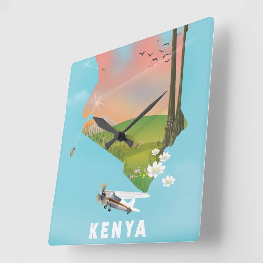 Kenya Map Illustration reisposter. Vierkante Klok (Hoek)