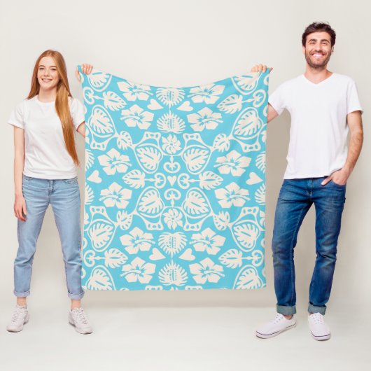 Keoni Hawaiian Monstera Leaf Damask Aqua Fleece Deken (In situ)