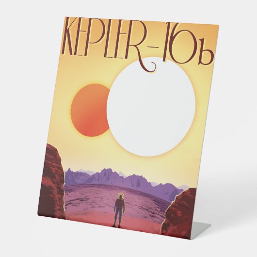 Kepler-16b: Binary Solar Sunset Fine Art Space Reclamebord Met Voetstuk (Voorkant)