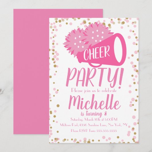 Ker Party Cheerleading Birthday roze Confetti in Kaart (Voorkant / Achterkant)