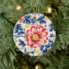 Keramiek ornament met een grote, rode en roze bloe