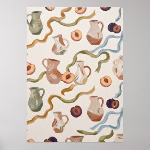 Keramieken kannen perzik pruim lint keuken kunst poster