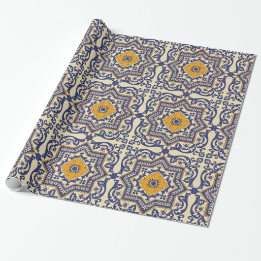 Keramisch Azulejo Style Blauw Oranje omslagpapier Cadeaupapier (Uitgerold)