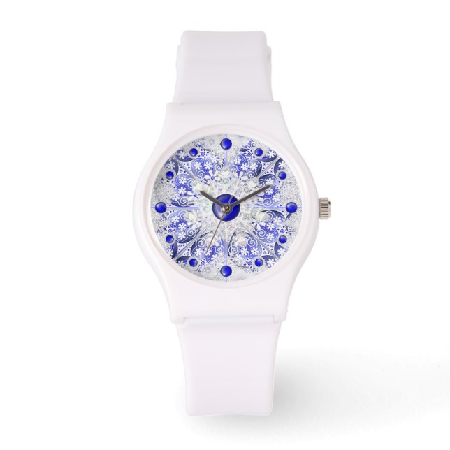 Keramisch kant blauw van Griekenland & sneeuwvlok Horloge (Voorkant)