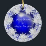 Keramisch kant blauw van Griekenland & sneeuwvlok Keramisch Ornament<br><div class="desc">Kant print toegevoegd aan een keramisch effect voor dit fijne patroon met enkele inlays van parels of cabochons (getekend). Hier in het blauw van Griekenland, dat een Europese stijl geeft, bestaat dit patroon ook in lichtgrijs, lichtblauw en zwart. Een fijn gemaakte en originele stijl besprenkeld met sneeuwvlokken voor de winter....</div>