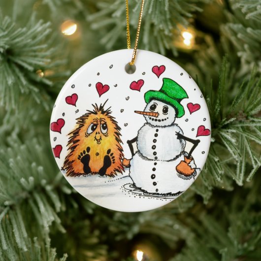 Keramisch Ornament Kerstmis Snowman en kleine Yeti (Boom)