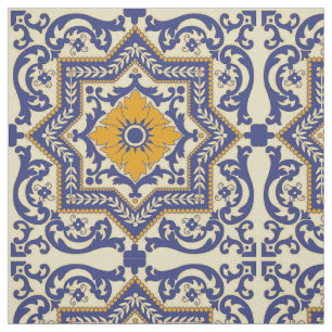 Keramische Azulejo Style Blue Oranje Fabric Stof