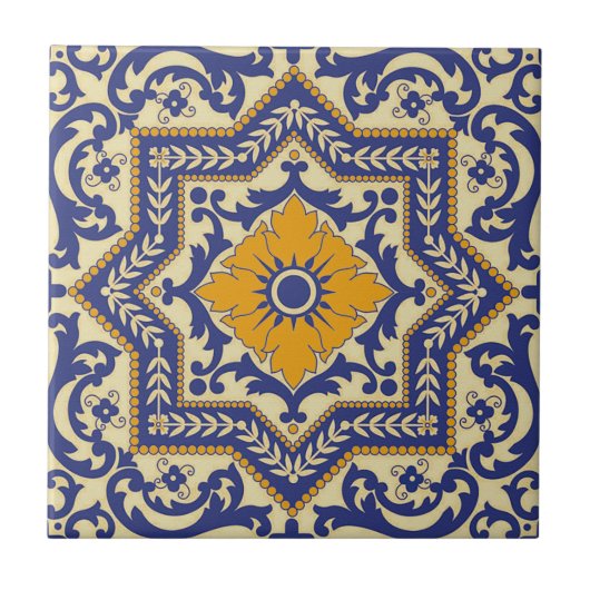 Keramische Azulejo Style Blue Oranje Tile Tegeltje (Voorkant)