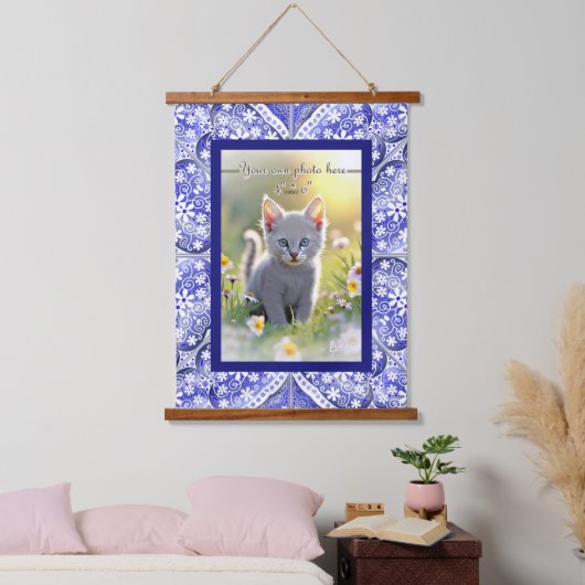 Keramische Kant Blauw van Griekenland Hangend Wandkleed (Slaapkamer)