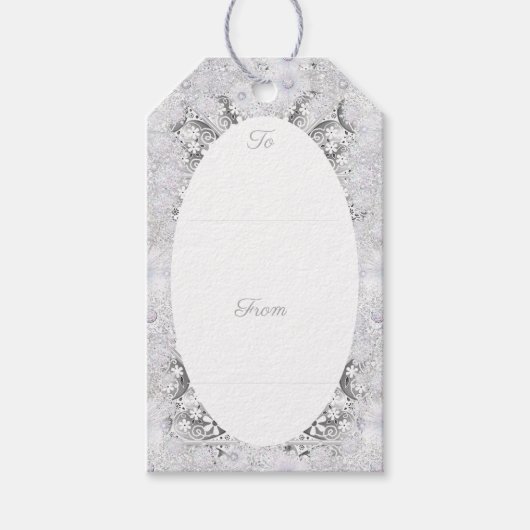 Keramische kant grijs & sneeuwvlok cadeaulabel (Voorkant)