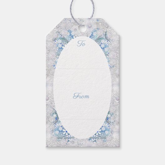 Keramische kant hemelsblauw & sneeuwvlok cadeaulabel (Voorkant)