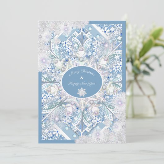 Keramische kant hemelsblauw & sneeuwvlok kaart (Staand voorkant)