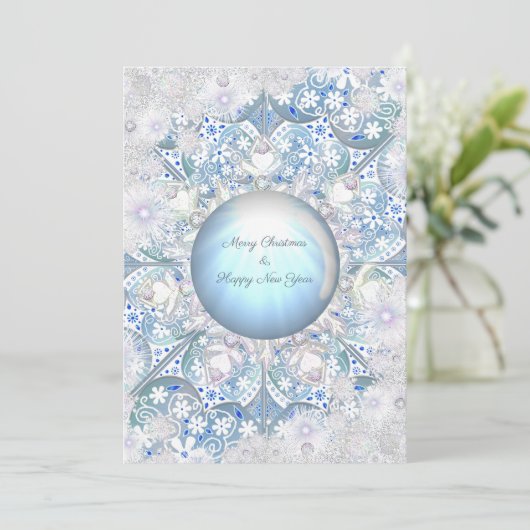 Keramische kant lichtblauw & sneeuwvlok kaart (Staand voorkant)