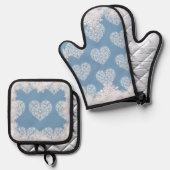 Keramische kant lichtblauw & sneeuwvlok ovenwant & pannenlap set (Voorkant / Achterkant)