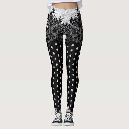 Keramische kant zwart & sneeuwvlok leggings (Voorkant)