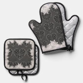 Keramische kant zwart & sneeuwvlok ovenwant & pannenlap set (Voorkant / Achterkant)