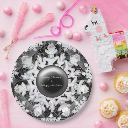 Keramische kant zwart & sneeuwvlok papieren bordje (Feest)
