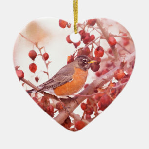 Keramische kerstbal met Robin en rode bessen Keramisch Ornament